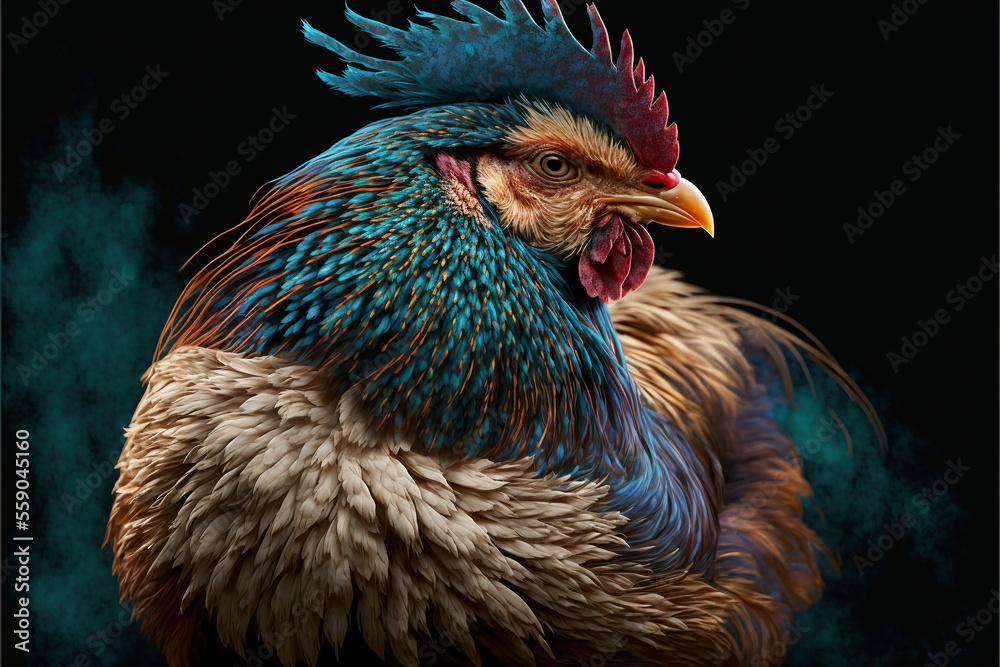 Chicken with blue smoke. Vector illustration. Artwork. Generative AI