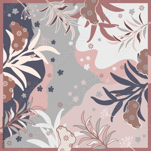 Abstract scarf pattern with flower ornament. Silk scarves design
