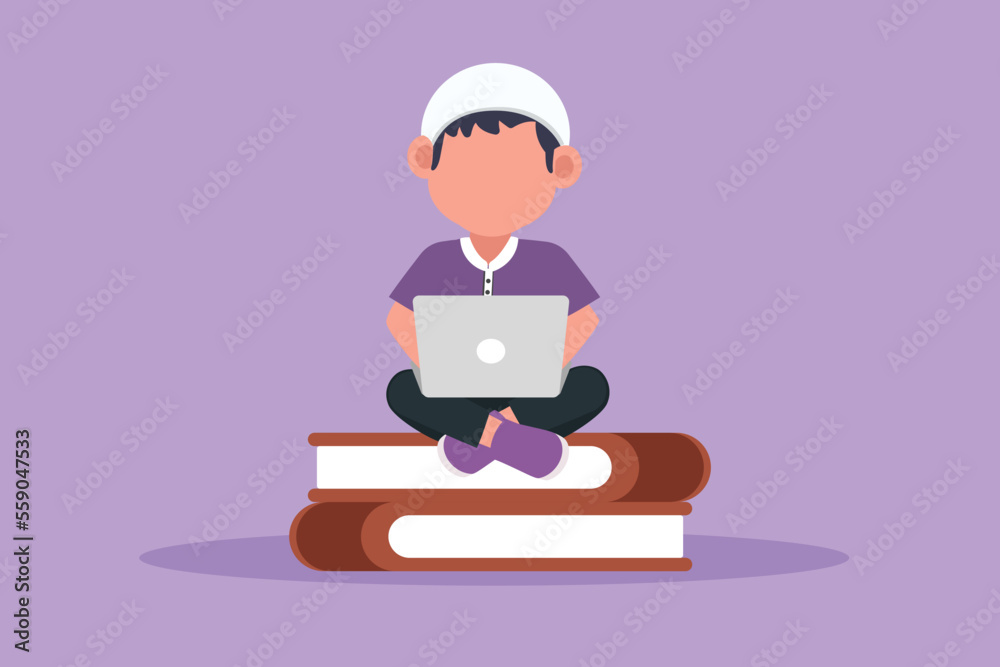 Cartoon flat style drawing cute Arab little boy typing on laptop computer on his lap and sitting on pile of big book. Student studying online learning or education. Graphic design vector illustration Cartoon flat style drawing cute Arab little boy typing on laptop computer on his lap and sitting on pile of big book. Student studying online learning or education. Graphic design vector illustration