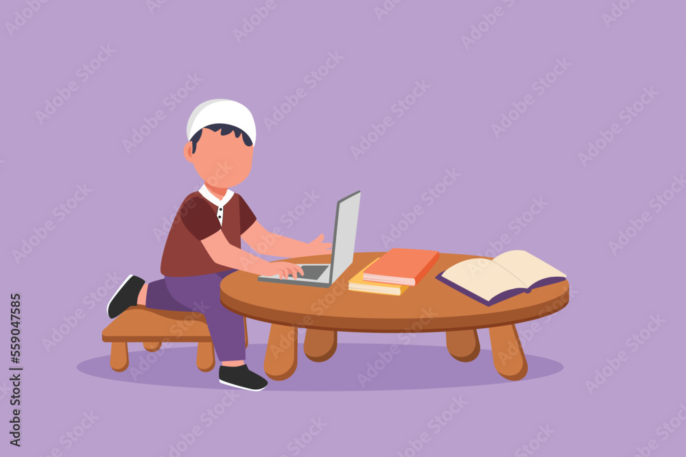 Graphic flat design drawing Arab child at computer and open book on table. Little boy learning online at desk with laptop. Kid at monitor studying code programming. Cartoon style vector illustration