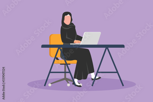 Graphic flat design drawing Arab businesswoman working on laptop in office. Success entrepreneur typing on computer keyboard. Manager, boss, financier at workplace. Cartoon style vector illustration