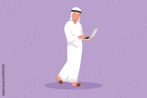 Graphic flat design drawing young Arab businessman standing and using laptop computer. Programmer coding new project using computer. Man holding laptop and working. Cartoon style vector illustration