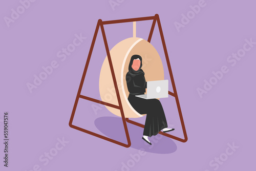 Cartoon flat style drawing Arab girl with laptop sitting on swinging chair or recliner chair. Freelance, distance learning education, online courses, woman studying. Graphic design vector illustration photo