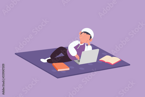 Cartoon flat style drawing little boy lying on floor and typing on laptop keyboard. Cute Arabian child using computer and learning from home. Kid studying at home. Graphic design vector illustration