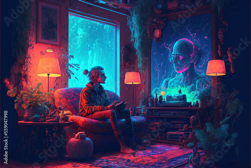 Illustration of a psychedelic man confronting inner fears