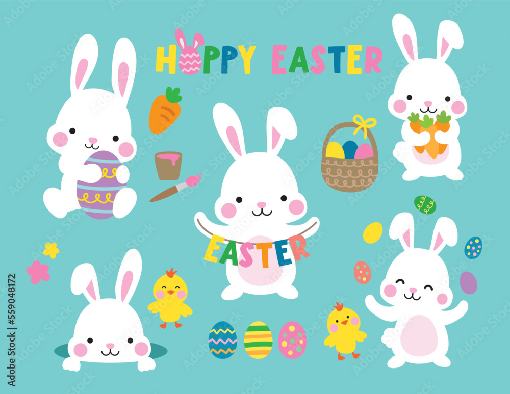 White Easter bunny rabbits with Easter eggs and little chicks vector illustration set. White Easter bunny rabbits with Easter eggs and little chicks vector illustration set.