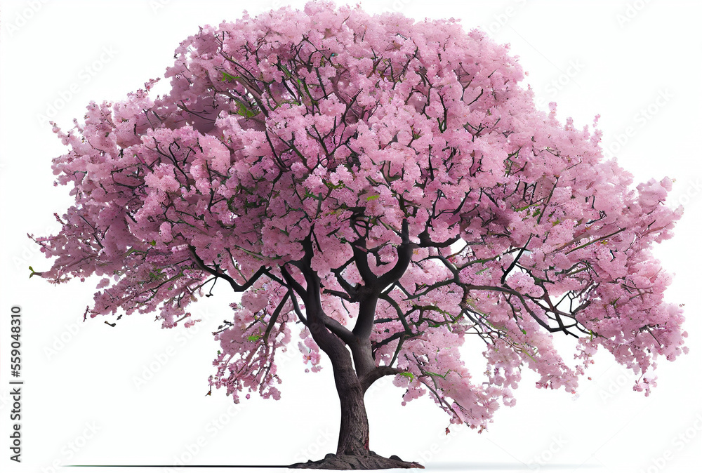 Obraz premium Large pink Cherry Blossom tree on white background. Digital art style. Generative AI