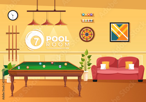 Billiards Game Illustration with Player Pool Room with Stick, Table and Billiard Balls in Sports Club in Flat Cartoon Hand Drawn Templates
