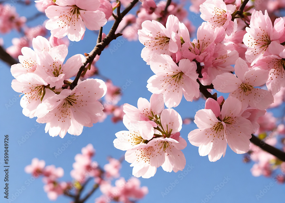 Spring Cherry Blossoms - Floral spring with bright, pink cherry blossom flowers blooming to commemorate the spring season. Generative AI