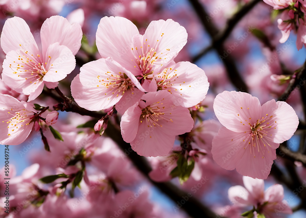 Spring Cherry Blossoms - Floral spring with bright, pink cherry blossom flowers blooming to commemorate the spring season. Generative AI