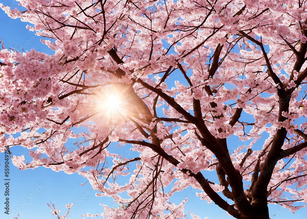Spring Cherry Blossoms - Floral spring with bright, pink cherry blossom flowers blooming to commemorate the spring season. Generative AI