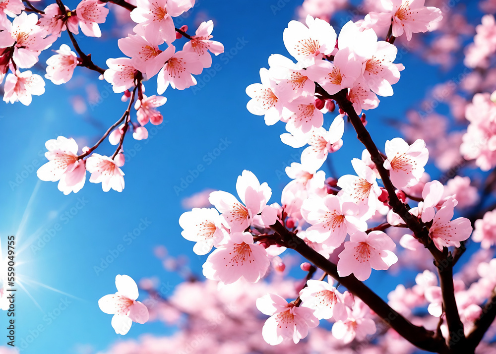 Spring Cherry Blossoms - Floral spring with bright, pink cherry blossom flowers blooming to commemorate the spring season. Generative AI