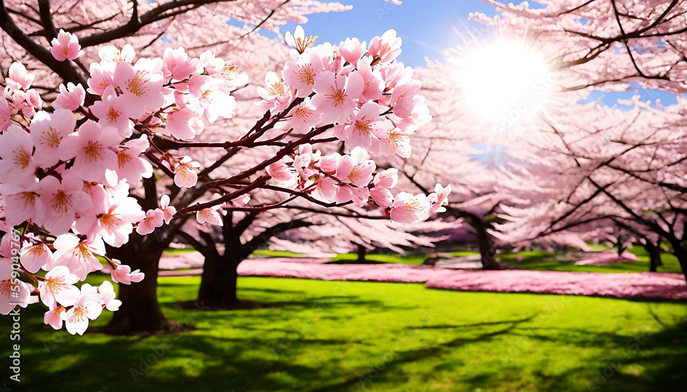 Spring Cherry Blossoms - Floral spring with bright, pink cherry blossom flowers blooming to commemorate the spring season. Generative AI