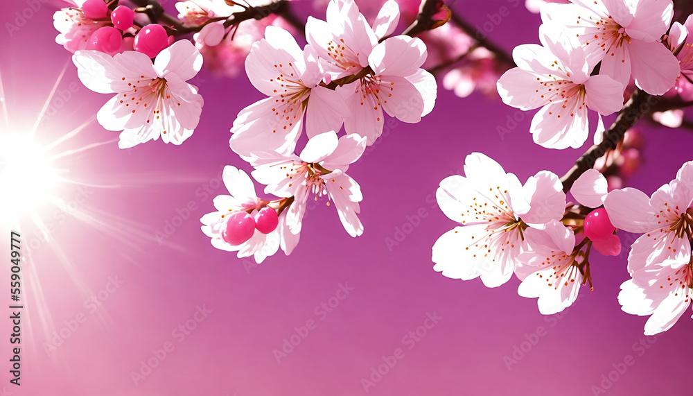 Spring Sakura Cherry Blossoms - Floral spring with bright, pink cherry blossom flowers blooming Generative AI