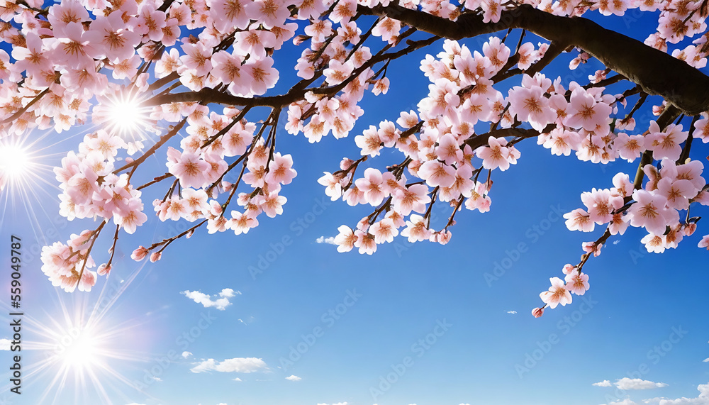 Spring Cherry Blossoms - Floral spring with bright, pink cherry blossom flowers blooming to commemorate the spring season. Generative AI