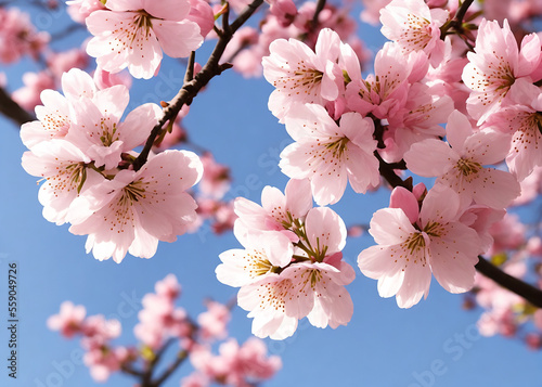 Obraz na płótnie Spring Cherry Blossoms - Floral spring with bright, pink cherry blossom flowers blooming to commemorate the spring season. Generative AI w salonie