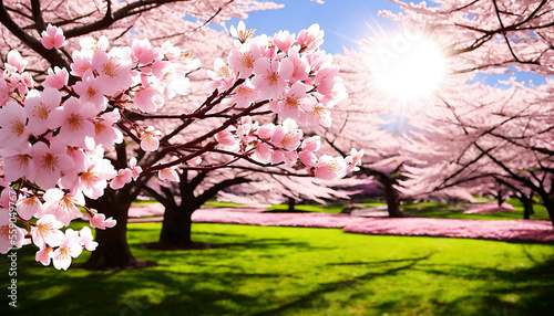 Spring Cherry Blossoms - Floral spring with bright, pink cherry blossom flowers blooming to commemorate the spring season. Generative AI