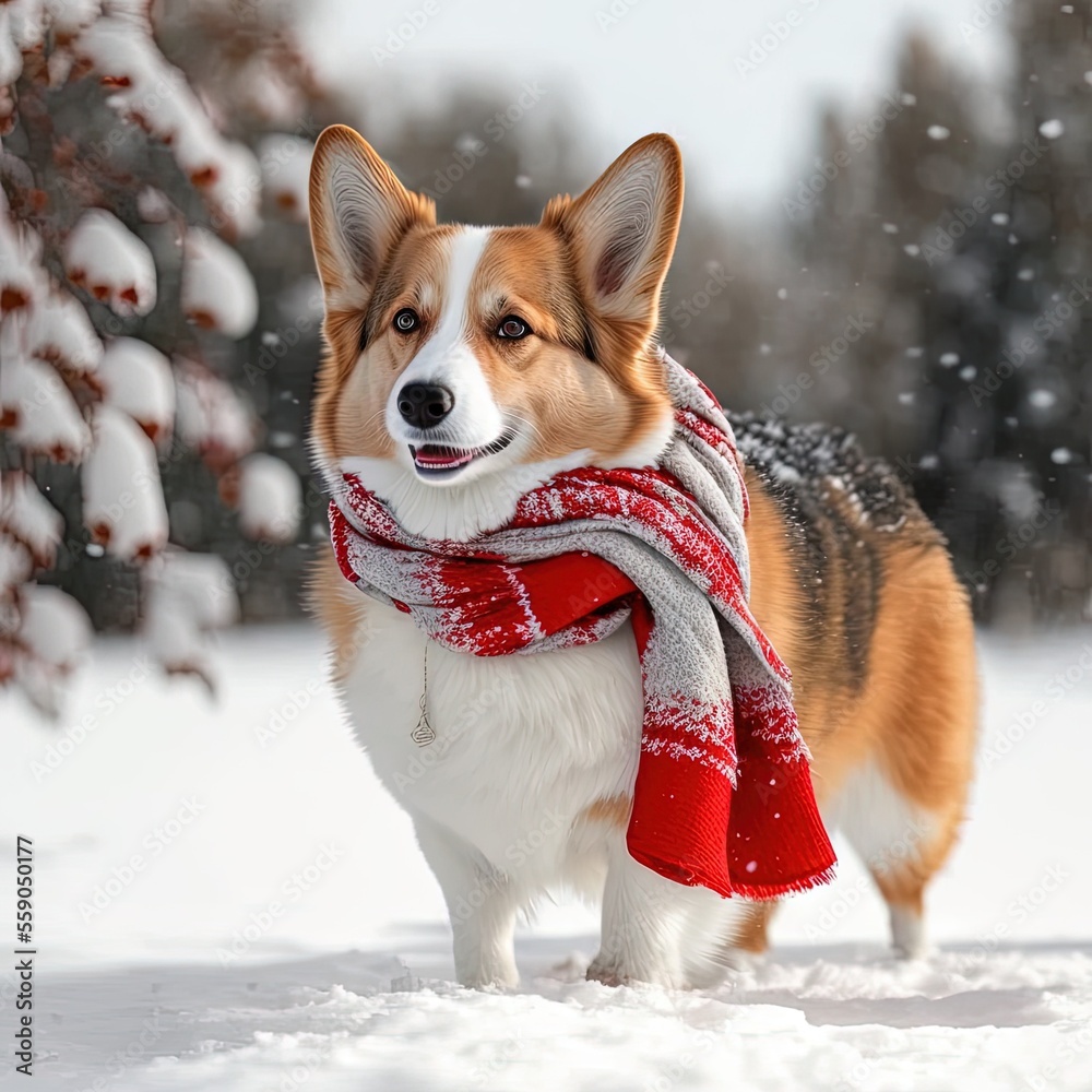 photo of corgi with wearing red-white-sequined-Christmas-scarf in the snow photo of corgi with wearing red-white-sequined-Christmas-scarf in the snow