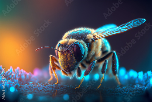The bee has a lovely color. Generative AI. Detailed bee. Bee macro. © UIMEGA