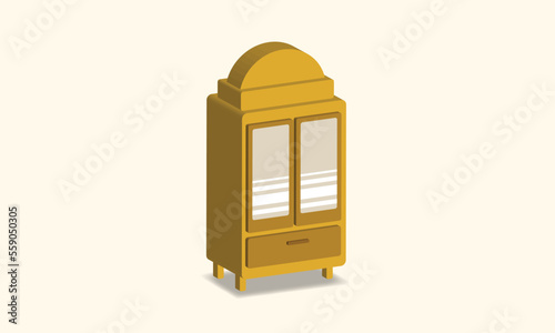 Wooden isometric wardrobe or cupboard with mirror design. Wood cabinet furniture for interior decoration.