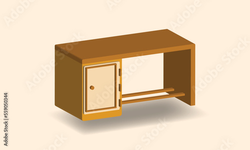 Isometric wooden desk with cabinet vector design. Wooden brown furniture for indoor decoration.