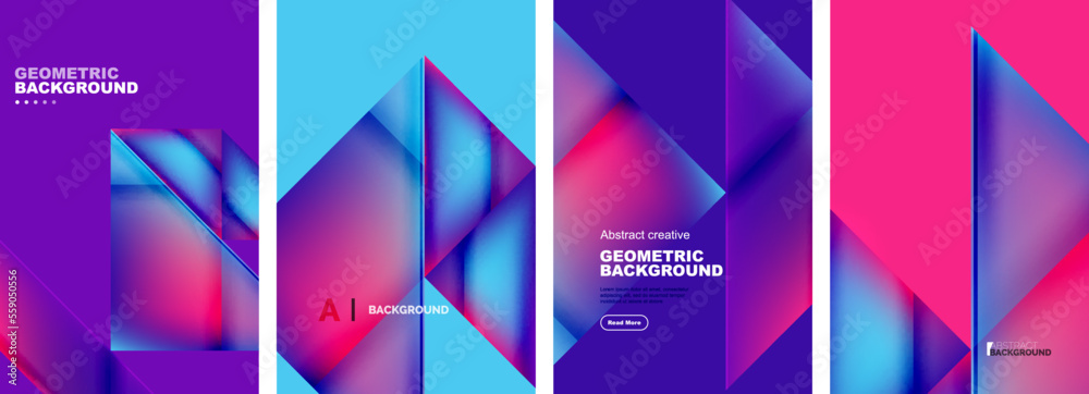 Set of abstract backgrounds - overlapping triangles with fluid gradients design. Collection of covers, templates, flyers, placards, brochures, banners