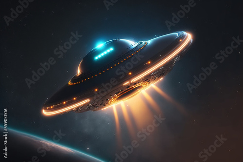 UFO is flying in a colorful universe. Generative AI. Alien UFO. Unidentified flying object. Clipping path included.