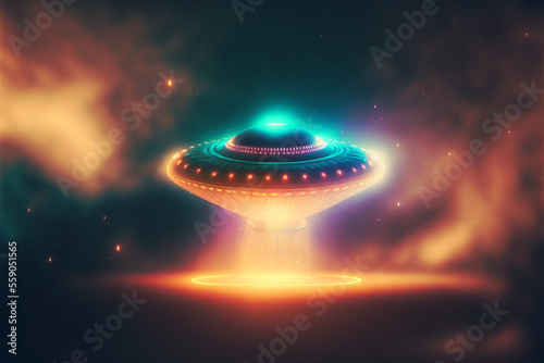 UFO is flying in a colorful universe. Generative AI. Alien UFO. Unidentified flying object. Clipping path included.
