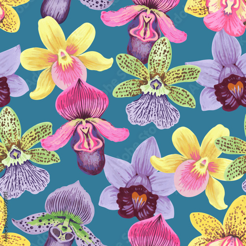 Vector seamless pattern with colorful psychedelic orchid flowers. Hand drawn detailed print for textile and wallpaper.