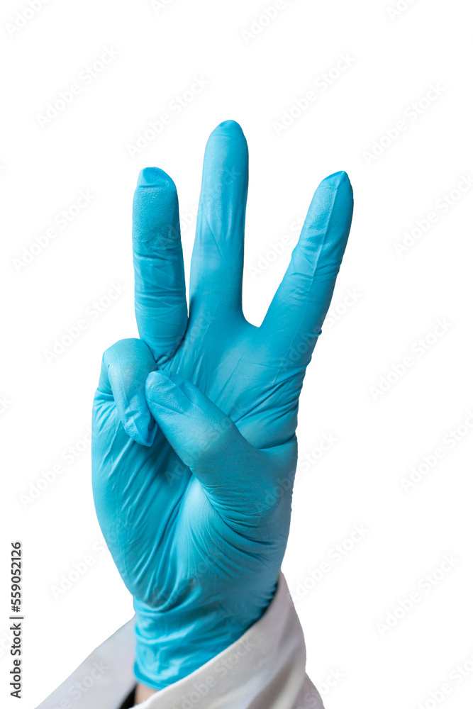 Isolated hand with a surgery glove doing the letter ¨w¨ with sign language Isolated hand with a surgery glove doing the letter ¨w¨ with sign language