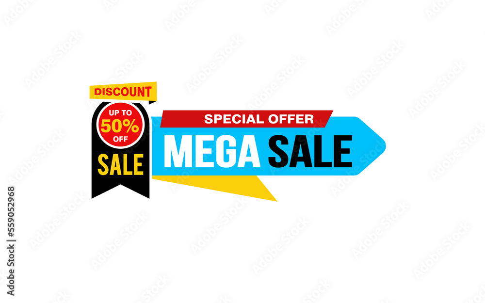 50 Percent MEGA SALE offer, clearance, promotion banner layout with sticker style. 50 Percent MEGA SALE offer, clearance, promotion banner layout with sticker style.