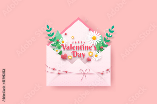 Valentine's day sale banner with heart shape, envelope and gift box. Paper cut style. Vector illustration
