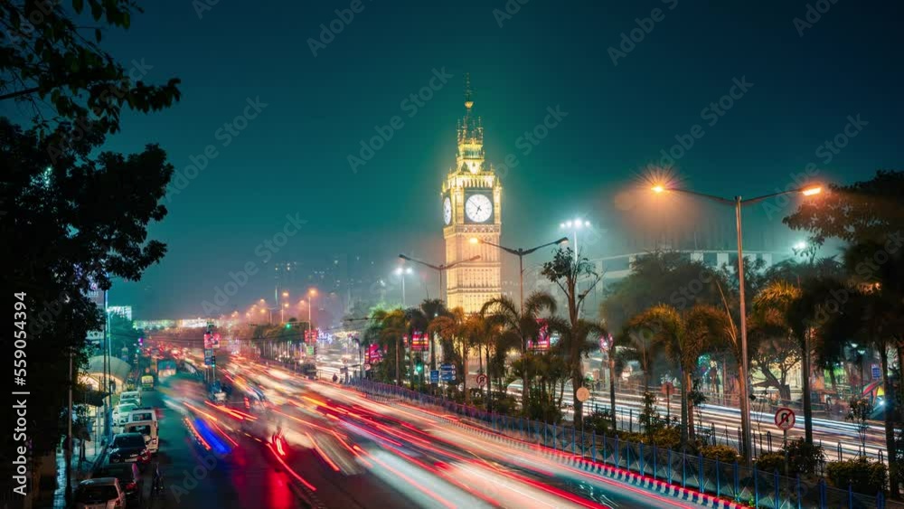 Kolkata city time lapse 4k video, Lake Town Clock Tower, Indian city night timelapse