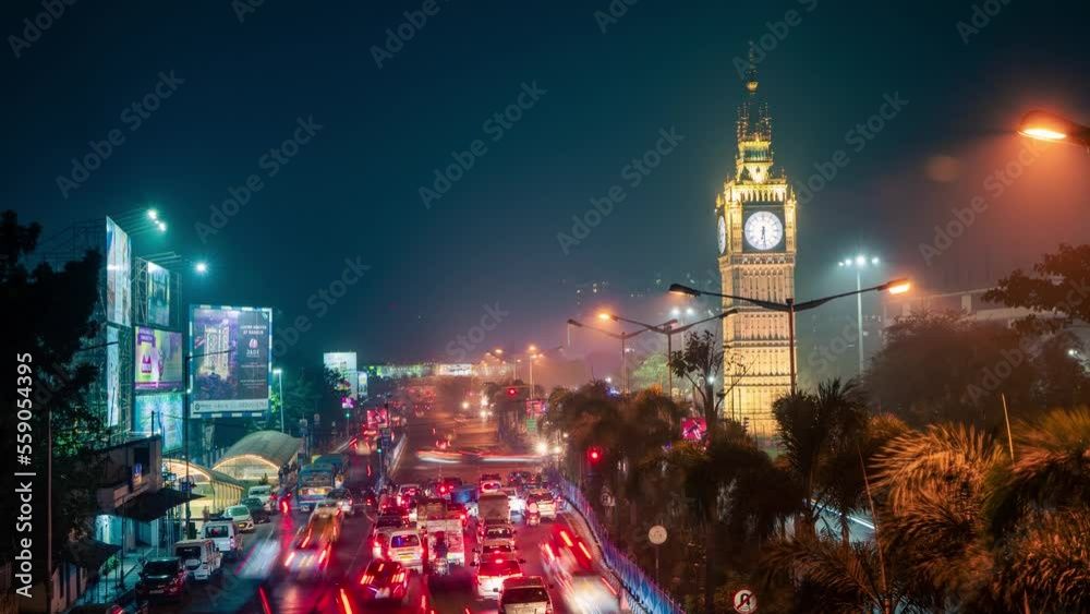 Kolkata city time lapse 4k video, Lake Town Clock Tower, Indian city night timelapse