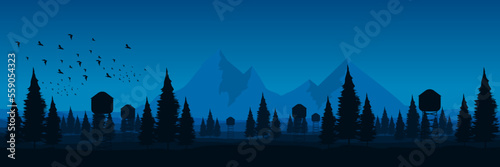 sunset in the mountains landscape with forest silhouette vector illustration good for wallpaper design, design template, background template, and tourism design template