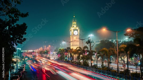 Kolkata city time lapse 4k video, Lake Town Clock Tower, Indian city night timelapse