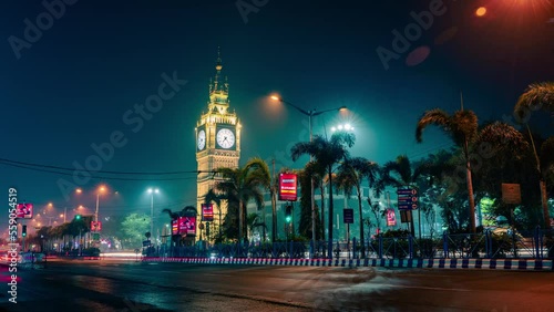 Kolkata city time lapse 4k video, Lake Town Clock Tower, Indian city night timelapse