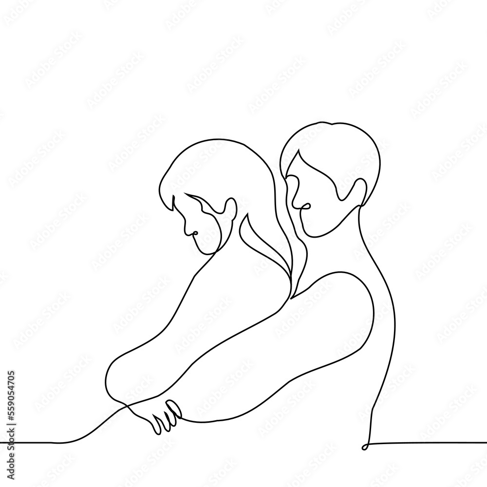 man and woman hugging - one line drawing vector. concept female tourist or traveler man and woman hugging - one line drawing vector. concept female tourist or traveler