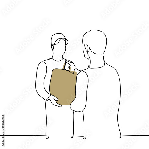 male courier passes a eco craft package with an order to a client - one line drawing vector. delivery concept