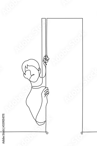 man leaned out from behind the door - one line drawing vector. concept unexpected guest peeking out from behind the door