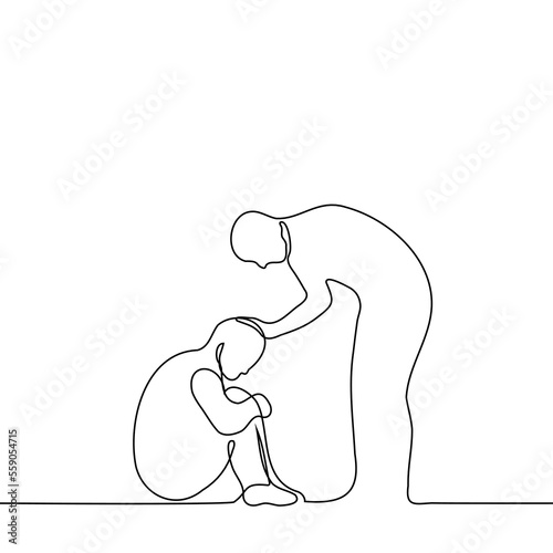sad man sits on the floor hugging his legs and another standing above him strokes his head - one line drawing vector. the concept of comfort, comfort, compassion, empathy, kindness, mercy, pity photo