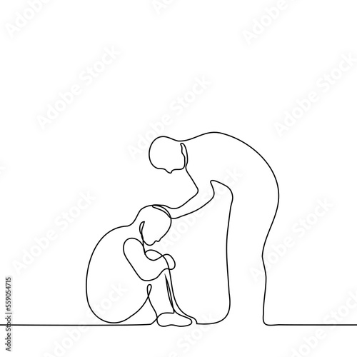 sad man sits on the floor hugging his legs and another standing above him strokes his head - one line drawing vector. the concept of comfort, comfort, compassion, empathy, kindness, mercy, pity