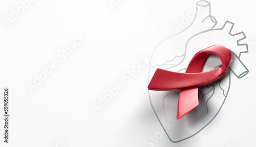 3d illustration red awareness ribbon with line heart organ, heart disease awareness campaign, cardiovascular health, Stroke Prevention, hypertension (high blood pressure) for heart disease concept
