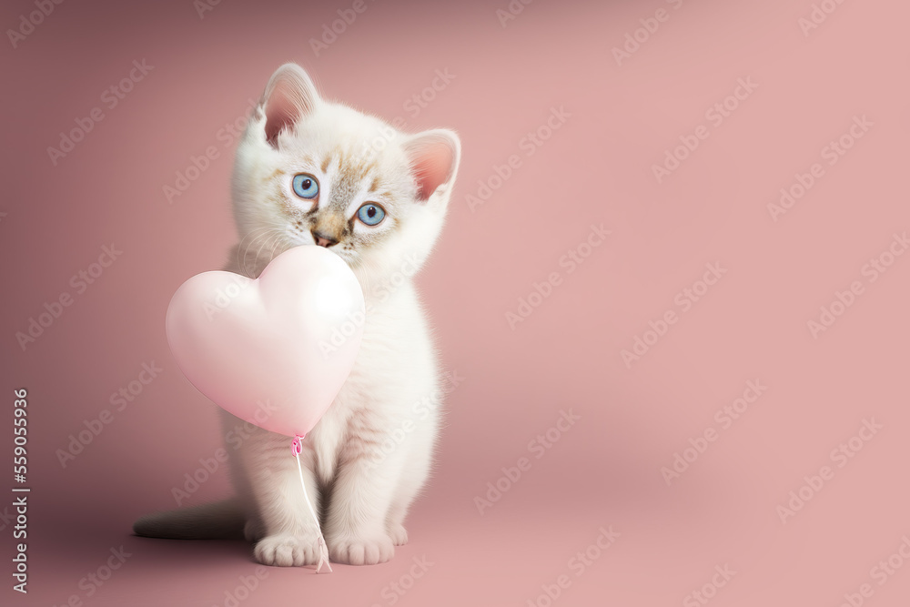 White kitten with a heart-shaped balloon  for Valentine Day or birthday. Generative AI.
