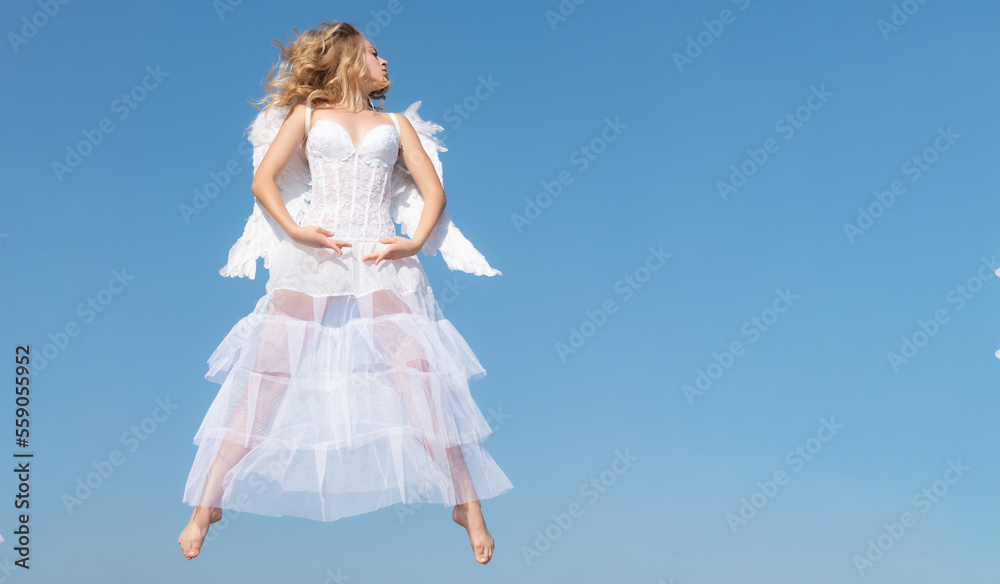 Banner. Angel teenager girl with white wings jumping. Valentines Day flying angel. Cupid girl with white wings. Banner flyer template for advertising or for website header design. Banner. Angel teenager girl with white wings jumping. Valentines Day flying angel. Cupid girl with white wings. Banner flyer template for advertising or for website header design.