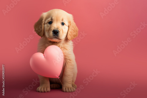Golden Retriever puppy with a pink heart-shaped balloon for Valentine Day or birthday. Generative AI.