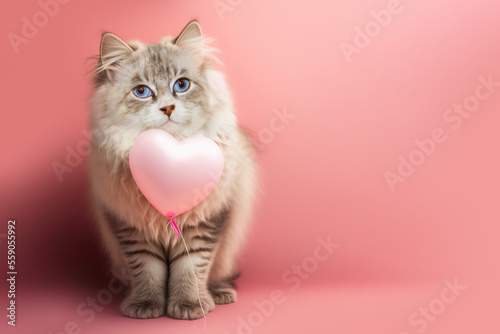 Lynx-point kitten with a pink heart-shaped balloons for Valentine Day or birthday. Generative AI.
