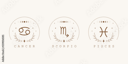 Cancer, scorpio, pisces. Water zodiac signs in boho style. Astrological icons on white background. Mystery and esoteric. Horoscope vector illustration. Spiritual symbols for tarot cards, calendars.