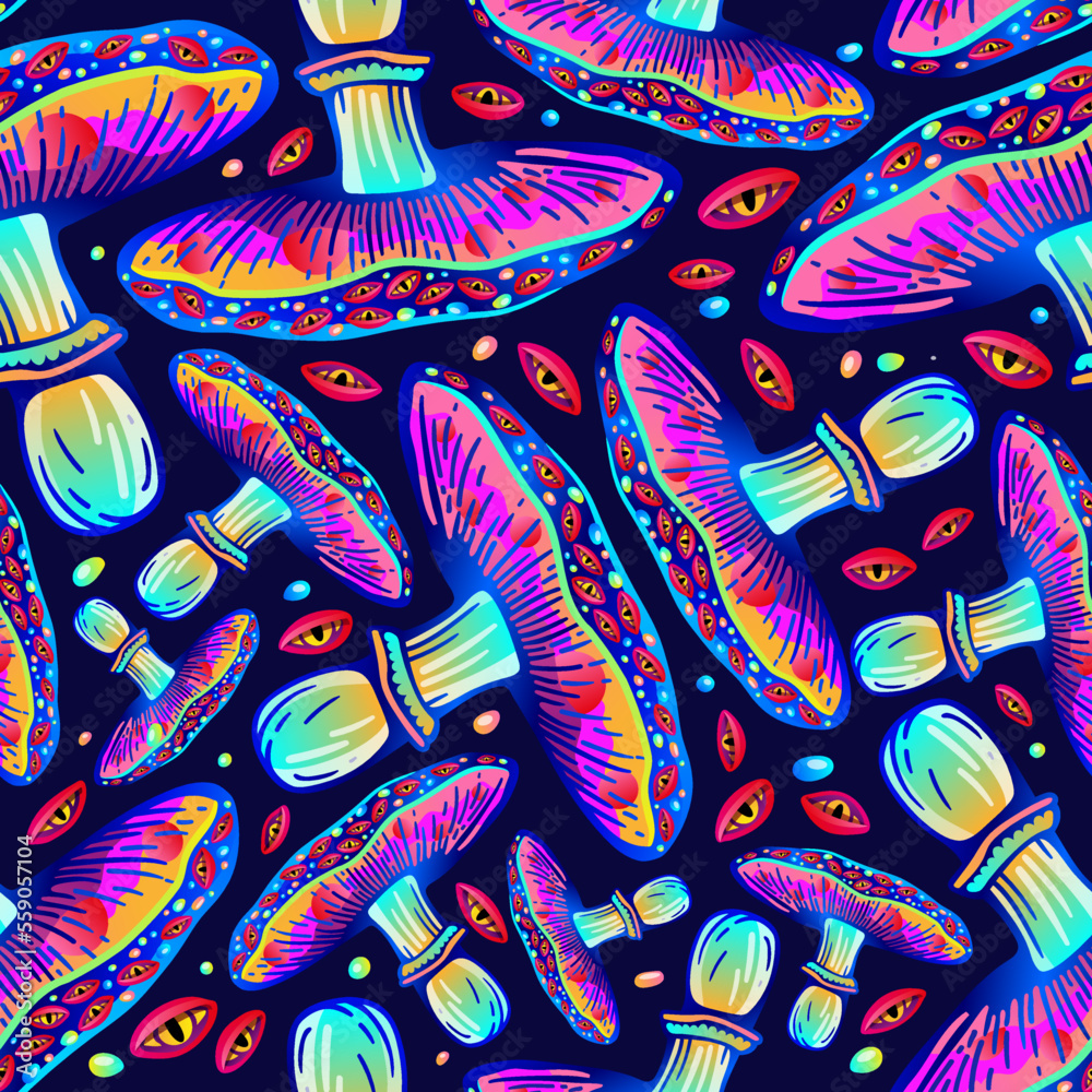 Fantastic seamless vector pattern of big-eyed fly agaric and psilocybin mushrooms. Amazing wallpapers of hallucinogenic mushrooms in acid colors. Beautiful wrapping paper