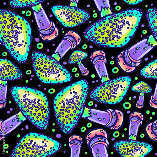 Fly agaric and psilocybin mushrooms seamless vector pattern. Wallpaper of hallucinogenic mushrooms in lilac-green tones. Stylish fly agaric wrapping paper